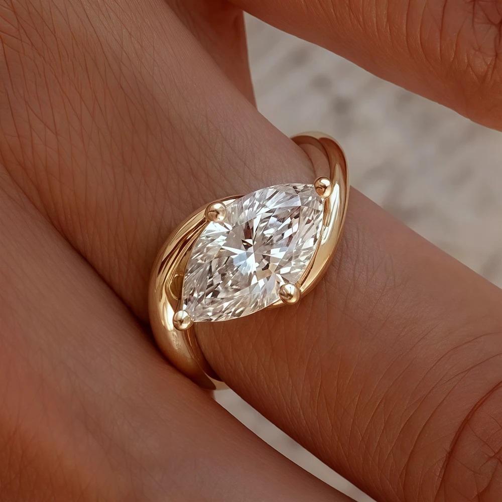 Anello di Fidanzamento in Moissanite Taglio Marquise con Certificato Anello di Matrimonio Solitario in Diamante Bypass 925 per Donna