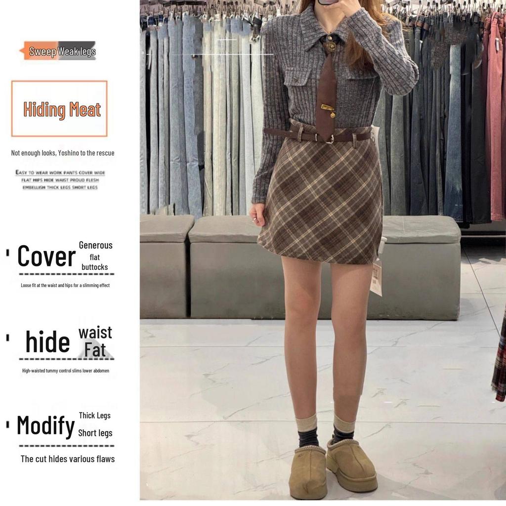 Slimming Plaid Woolen Skirt for Women - Elegant Korean Style, Knee-Length, Anti-Exposure