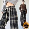 145 Small Wide-Leg Plaid Pants for Women - Coffee Color, High Waist, Woolen Drape, Plus Velvet, Straight Leg, Extra Long, for Autumn/Winter.