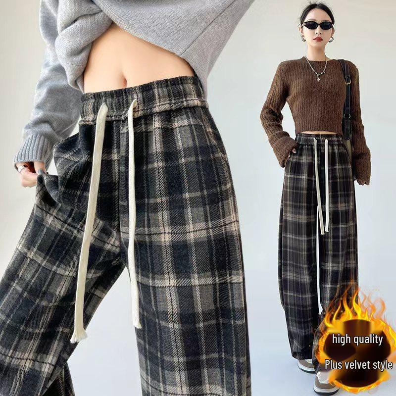 145 Small Wide-Leg Plaid Pants for Women - Coffee Color, High Waist, Woolen Drape, Plus Velvet, Straight Leg, Extra Long, for Autumn/Winter.