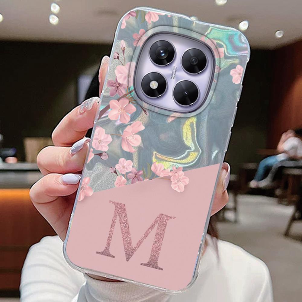Initial Letter A Z Case For Xiaomi Redmi 13T 14T  Note 13 14 Pro Plus 5G Poco X6 Cover Pink Flowers Silicone Back Fundas Bumper