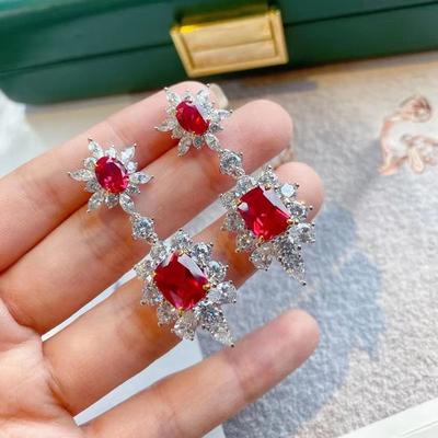 Brincos de gota de moissanite sintética de safira rubi extravagante 8 * 10 mm de corte oval 3ex de prata esterlina 925 para mulheres