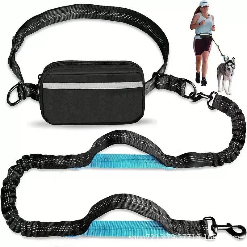 Hands-Free Bungee Dog Leash for Running & Walking - Dual Shock Absorbing, Adjustable Waist Belt, Reflective Stitching, 3 Stainless Steel D-Rings