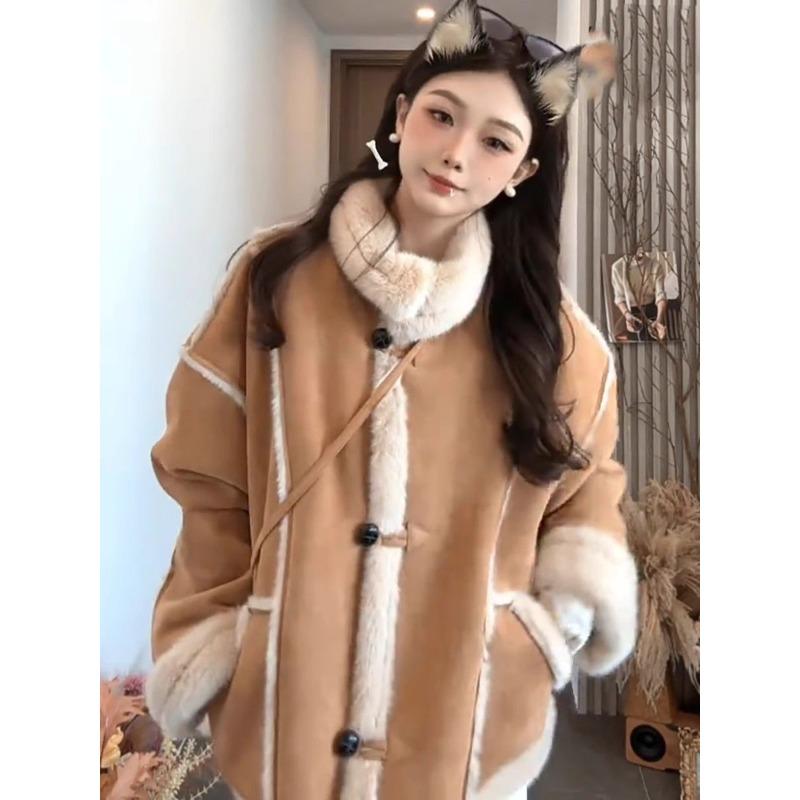 Cappotto invernale da donna in finta pelle scamosciata e pelliccia corto largo stile coreano giacca spessa capospalla senza borsa