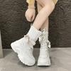 8CM Women Chunky Mid-Calf Boots New 2025 Autumn Winter Buckle Canvas Punk Shoes High Platform Motorcycle Boots Leather Sneakers