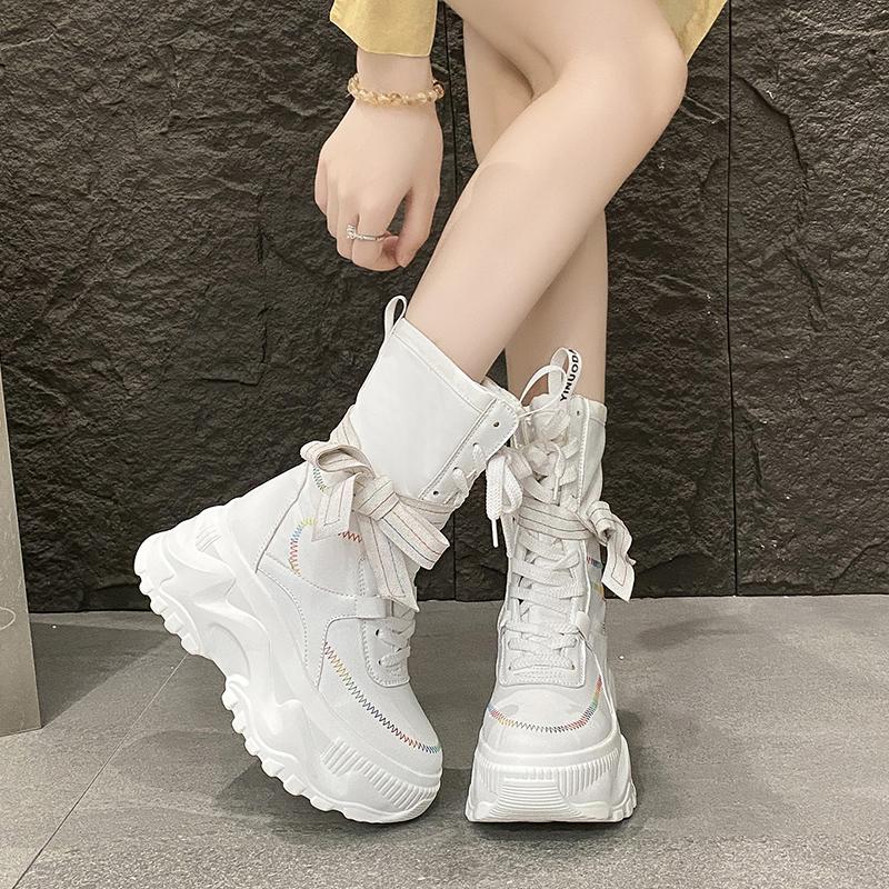 8CM Women Chunky Mid-Calf Boots New 2025 Autumn Winter Buckle Canvas Punk Shoes High Platform Motorcycle Boots Leather Sneakers