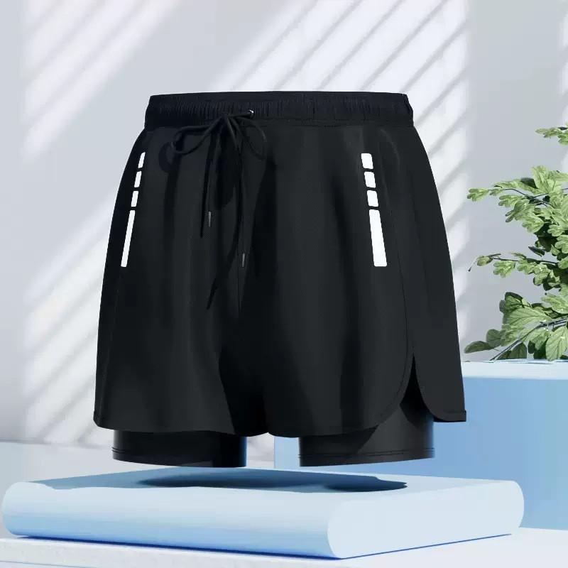 Mens Double-Layered Board Shorts Swim Trunks Quick-Dry Anti-Chafe Flat Front Beach Pool Surfing