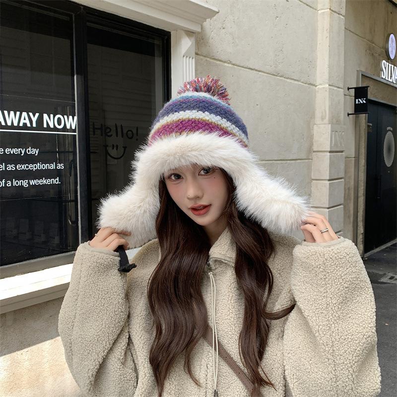 Warm Knitted Hat Women's Winter Color Striped Lei Feng Hat Outdoor Plush Hat