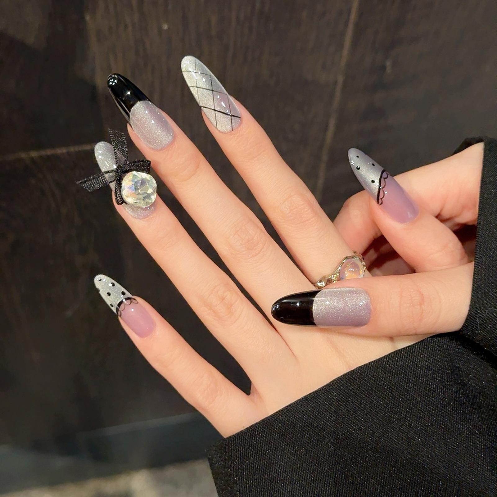 10PCS Cat Eye False Nails Long Oval with Purple Polka Dot Printed Handmade Artificial Nails for Women XS_2554 Long Oval прозрачный