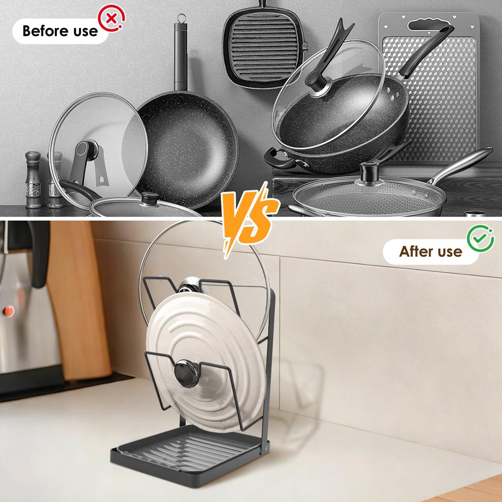 Pot Lid Storage Rack Kitchen 2 Layer Pot Cover and Pan Organizer Cutting Board Spatula Holder with Removable Drip Tray