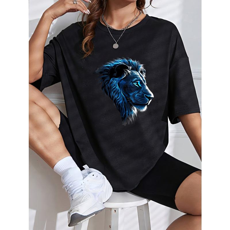 Women Casual T Shirt White Blue Lion Head Print For Daily Wear And Outing