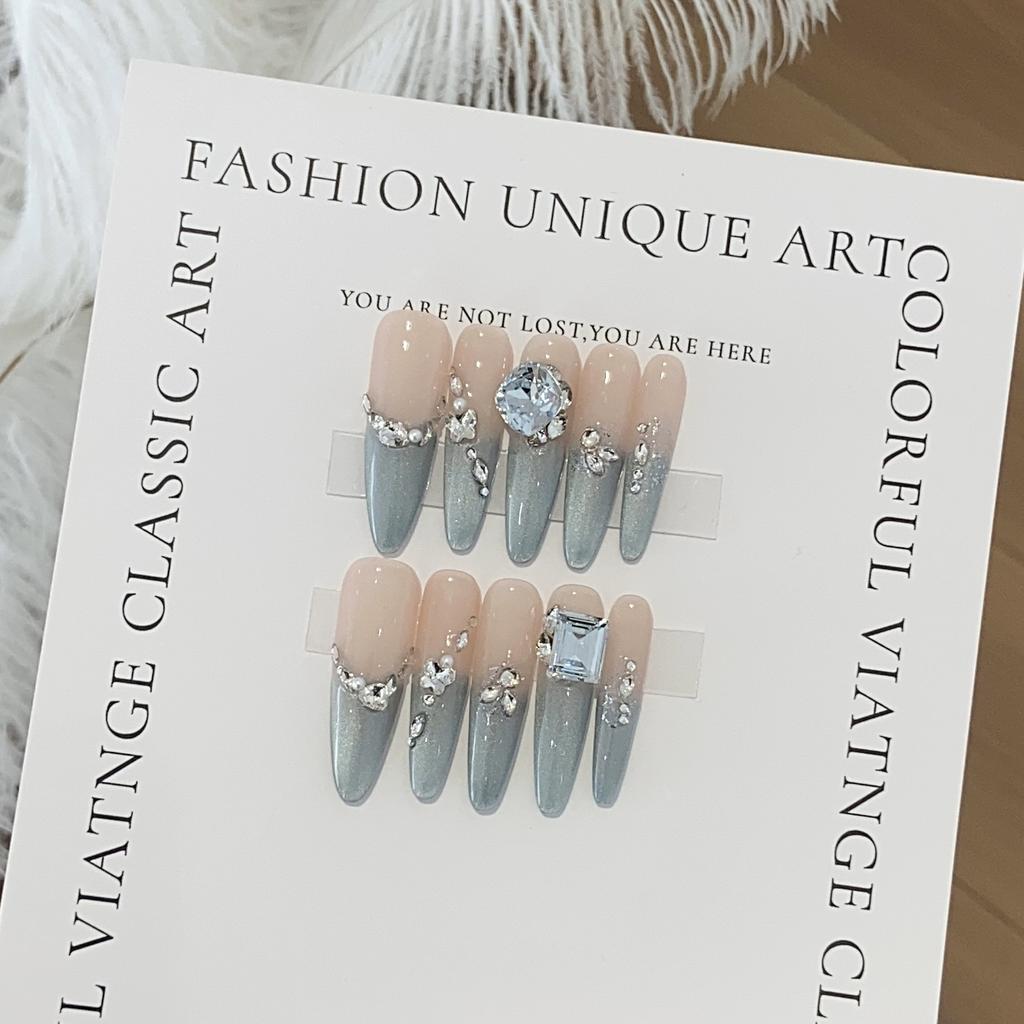 Handmade Blue Gradient Pearl Small Broken Diamond Pile Square Diamond Coconut Ice Blue Removable Nail Stickers