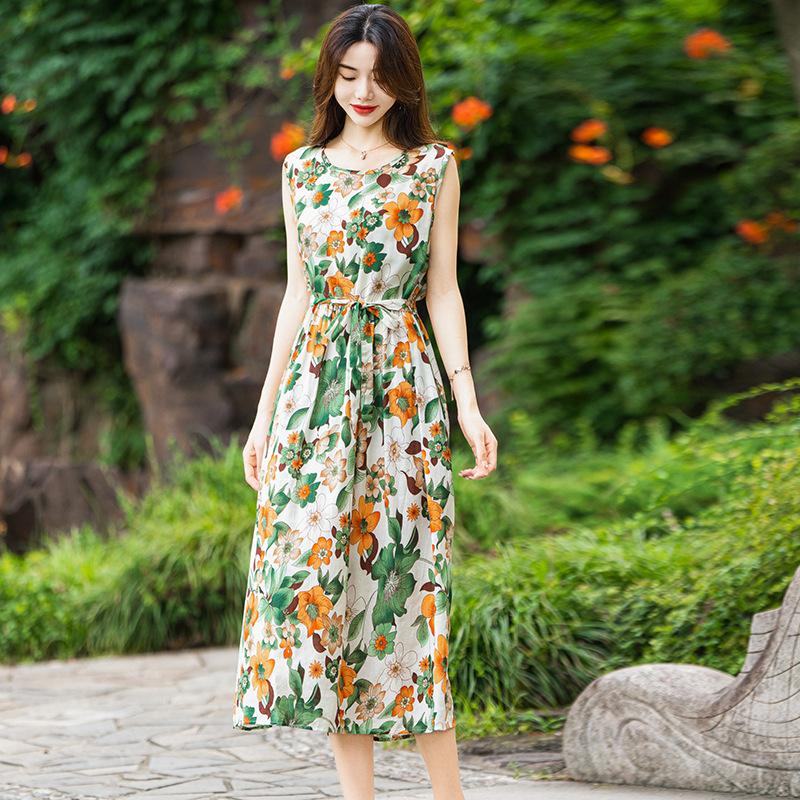 

Летнее новое платье 2025 года из хлопка и льна с ретро-принтом, женское свободное платье в зарубежном стиле с круглым вырезом, без рукавов, легкое, средней длины 2XL зелёный