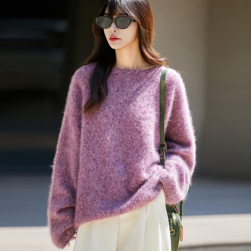 Women's Marled Yarn Thick Plush Wool Sweater - Autumn/Winter Loose Knit Pullover, Lazy Style Base Layer
