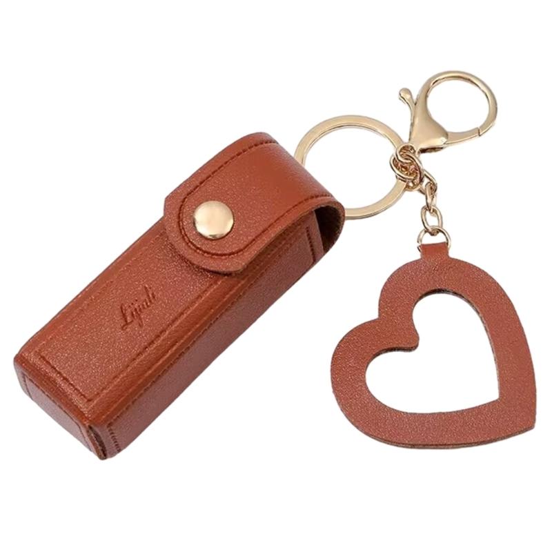 PU Leather Lipstick Bag Keychain Heart Pendant Mini Portable Key Chain Keyring
