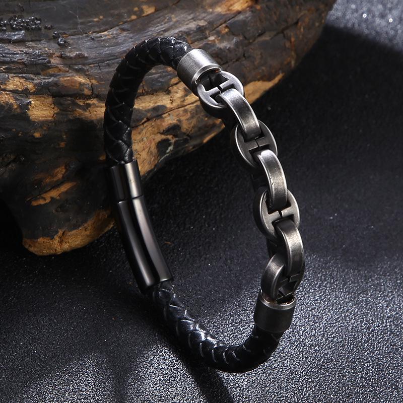 Men's Handmade Leather Bracelet with Stainless Steel Snap Button