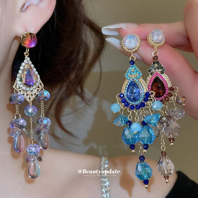 Silver Needle Super Flash Diamond-set Crystal Fringed Earrings Retro Court Style Stud Earrings Heavy Industry Earrings Design Sense Niche Wholesale