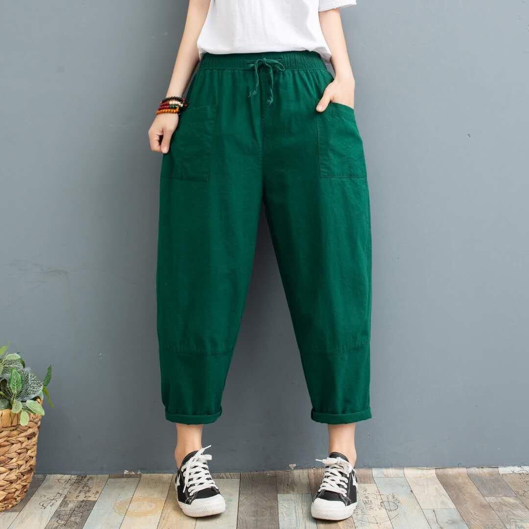 

Хлопковые льняные брюки, женские осенне-летние большие размеры, однотонные шаровары с эластичной резинкой на талии, свободные повседневные женские льняные брюки XXXL темно-зеленого