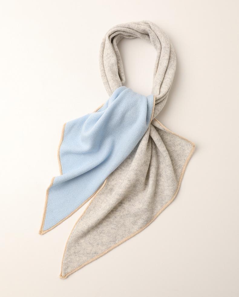 Autumn/Winter Women s Cashmere Color Block Scarf: Warm Tricolor Diagonal Trapezoid Knit Wrap 136 cm светло-синий/серый