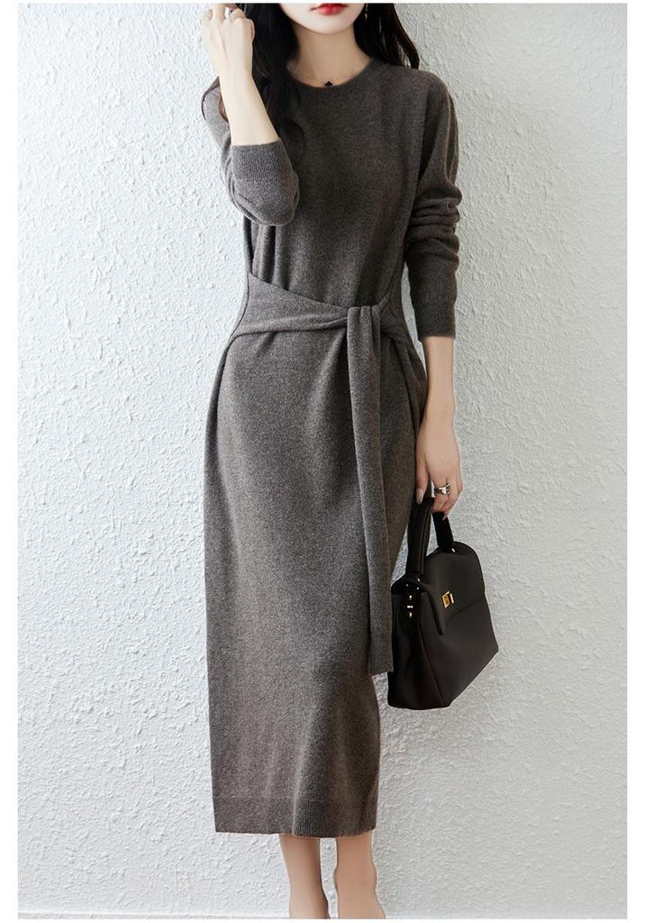 2025 Autumn/Winter Pure Wool Women's Long Knit Dress with Belt & Round Neck