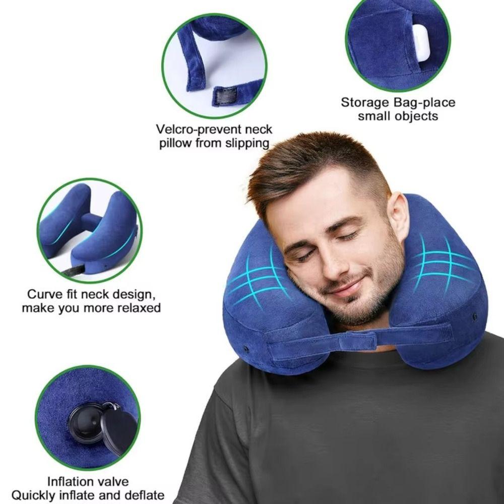 Massage Feature Inflatable Neck Pillow Soft Velour Cover Neck Support Pillow  Outdoor Travel