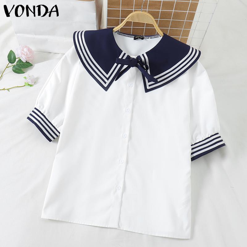 VONDA Damen Matrosenkragen Schleife Kurzarm Gestreift Knöpfe Bluse College-Stil