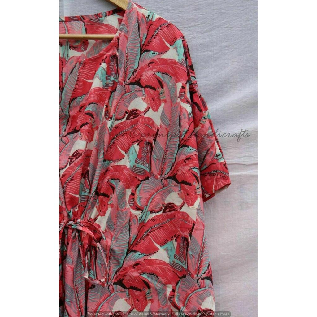 Indian Red Long Leaf Print Cotton Hippie Maxi Women Boho Nightwear Caftan Dress CKFTN-SCRN-FULL-BUYIT-011