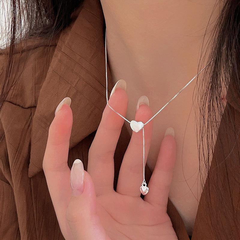 Lovely Sweet 925 Sterling Silver Double Heart Tassel Pendant Necklaces for Fashion Women Jewelry