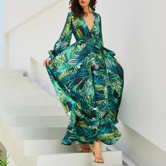 Übergröße Böhmisches Strand Damen Blätterdruck V-Ausschnitt Lange Laternenärmel Maxi-Kleid
