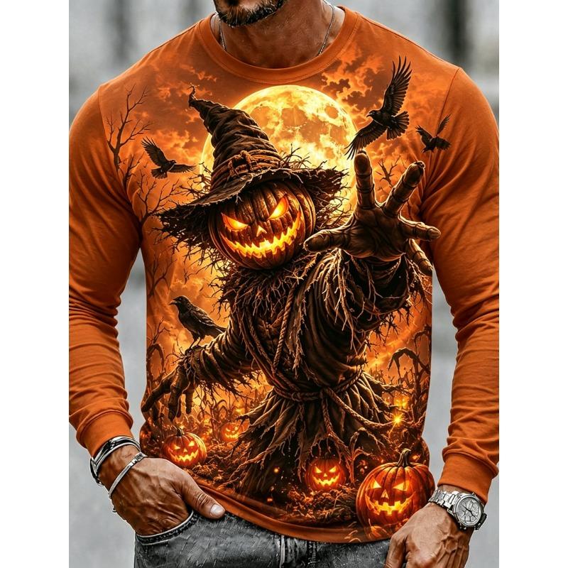 Men's Long Sleeve T-Shirt Halloween Horror Pumpkin Scarecrow Zombie Crow Skull 3D Print Crew Neck Casual Tops