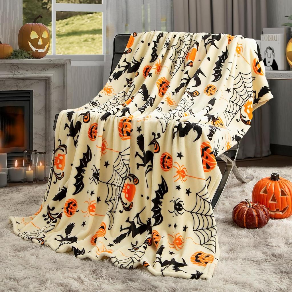 Coperta di Halloween Fantasma Reversibile Stampa Zucca Coperta Plaid in Pile, Super Morbida Calda Accogliente Coperta Autunnale Per