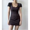 Pure Desire Style U-neck Low-cut T-shirt Hip Skirt Black Dress Women's Tight Sexy Short Skirt Slim and Thin Bottoming Skirt
