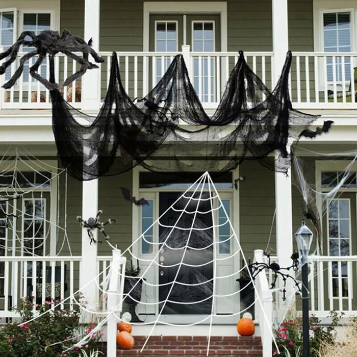 Tissu décoration Halloween effrayant, pour fenêtre/table/porte, filet/toile araignée/araignées, décoration fête, noir YYV