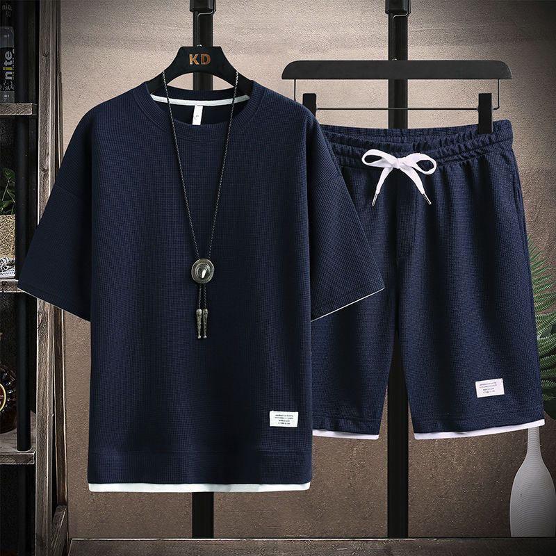 Men's Waffle Summer Sets  Casual T-Shirt+Shorts Set Male Sports Suit Solid Color Tracksuit Loose Suits