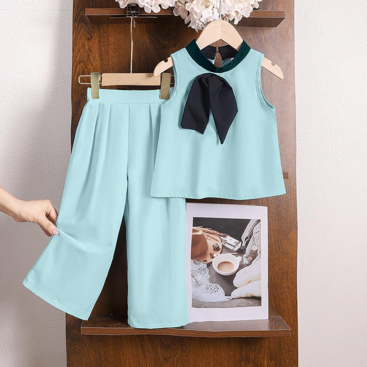 

Модний літній дитячий набір для дівчаток 2025 року: повсякденна футболка без рукавів з круглим вирізом вільного крою + штани 7Y синій