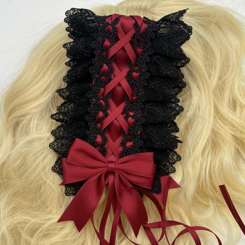 Gothic Lolita Spitzen Schleifen Stirnband - Schwarz Rot Dienstmädchen Haaraccessoire