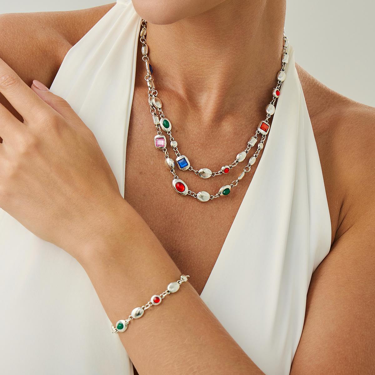 

Boho Colorful Crystal Double Layer Necklace Bracelet for Women Vintage Long Tassel Imitation Turquoise Sparkling Collarbone Chain New Body Jewelry Set