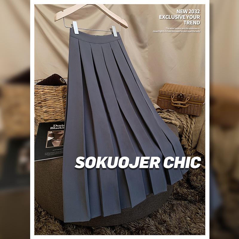 Högkvalitativ medellång plisserad A-linjeformad kjol med resår i midjan för kvinnor - Mångsidig höst/vinterstil