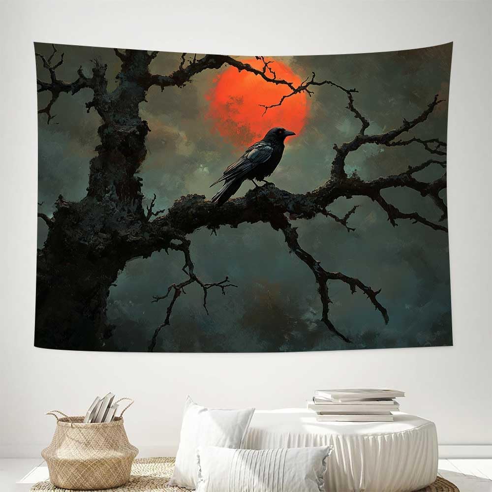 Mysterious Crow Tapestry, Black Raven on Gnarled Tree with Blood Moon Design, Bohemian Wall Art for Gothic Spaces