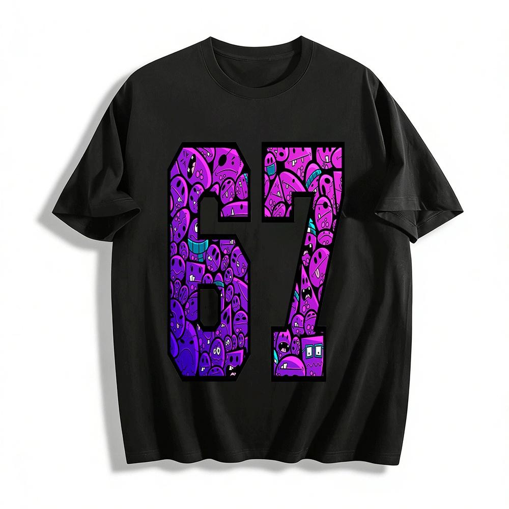 Purple Monster Print Number 67 Casual Graphic Tee Pure cotton T-shirt XXS