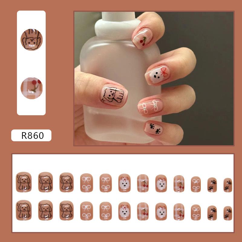 Wearing Nail Pieces Puppy Removable Short Square Nail Pieces Bow Nail Patch Cute Fake Nail Pieces 24 Pieces