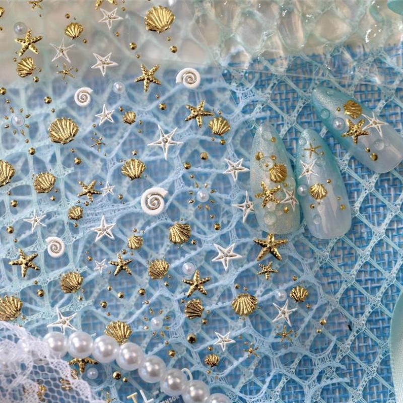 Gold Stamped Shell Conch Scallop Starfish Pearl 5D Embossed Self Adhesive Nail Art Stickers Delicate Ocean Style Manicure Decals