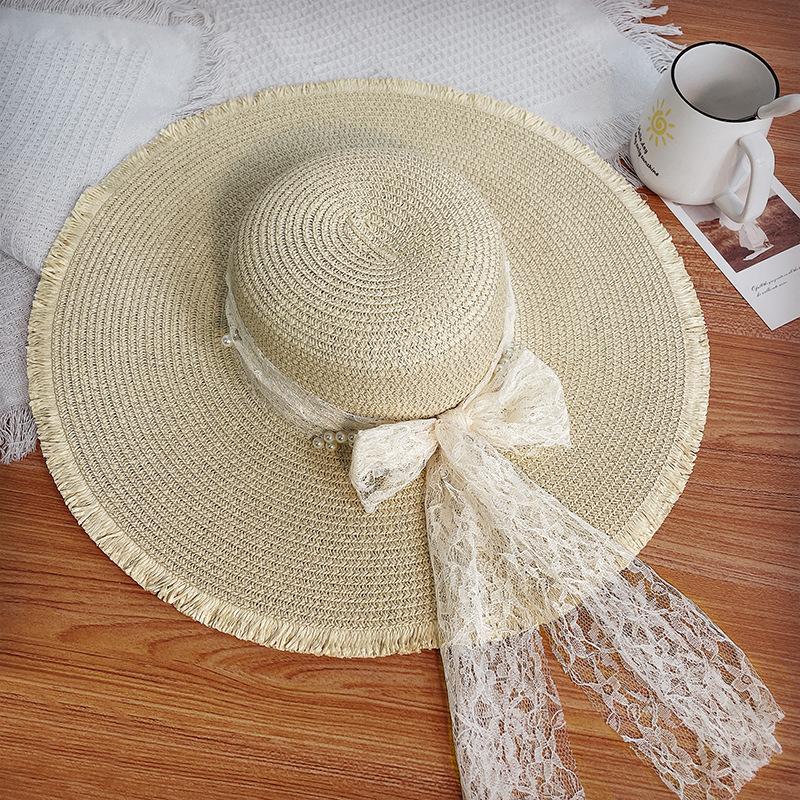 Idyllic lace bow straw hat women's summer big brim sun protection hat seaside vacation beach bucket hat