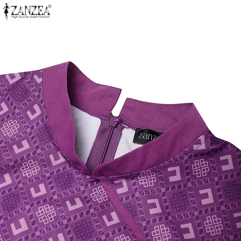 ZANZEA Damen Sommer Stehkragen Lässig Kurzarm Print Kleid