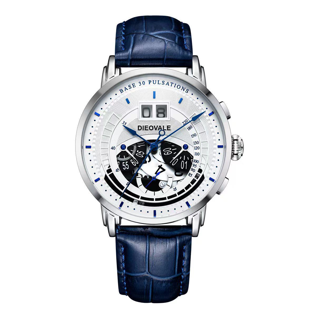 Men s Genuine Leather Strap Quartz Chronograph Sport Casual Watch