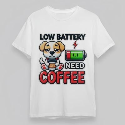 T-shirt Classique Grande Taille pour Femme Chien avec Batterie Faible Besoin de Café Graphic Tee