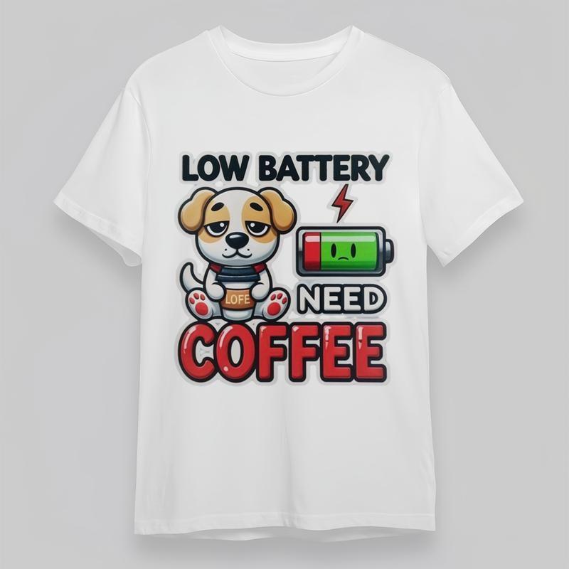 

Women s Plus Size Classic T-Shirt Dog With Low Battery Need Coffee Graphic Tee S