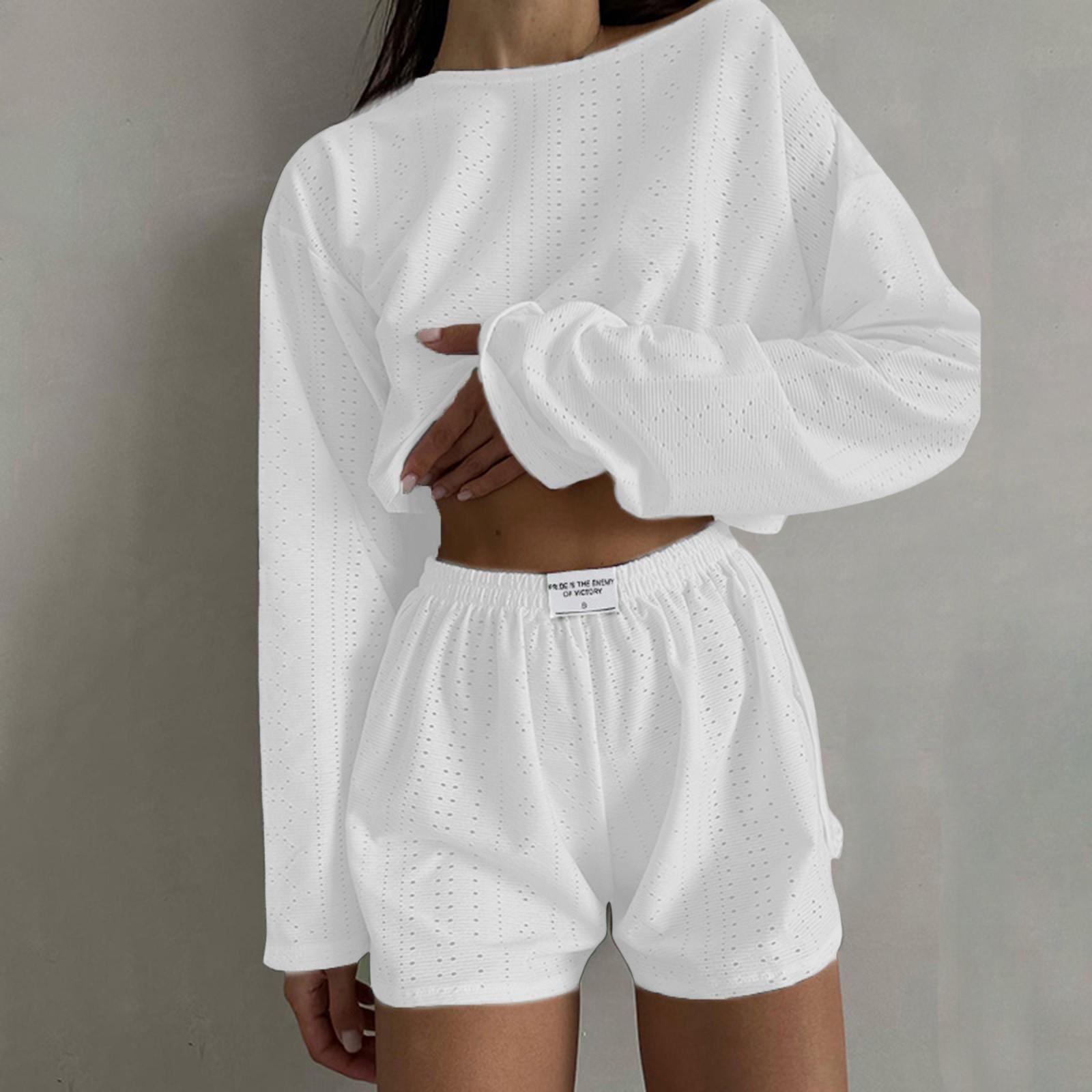 

Женские летние модные повседневные комплекты из двух частей, повседневные шорты, комплект с круглым вырезом, топы с длинными рукавами и шорты, купальные костюмы для женщин XS белый