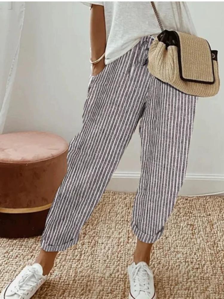 Women's Striped Wide-Leg Casual Pants - High-Waisted, Lightweight Polyester, Machine Washable, All-Season Comfort with Side Stripe Detail