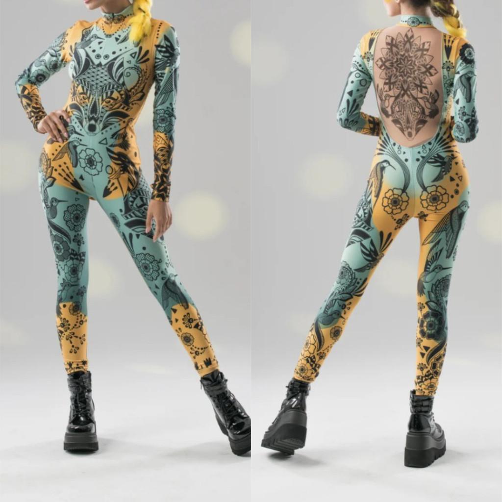 Unisex Cyber Punk Tattoo Patterned Blue Tights Women Backless 3D Digital Bird Printing Halloween Party Role Play Outfit Costume Jumpsuit